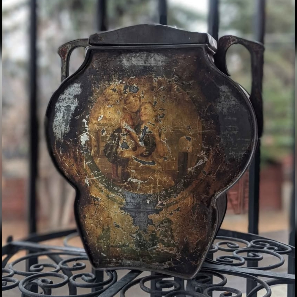 Antique Art Nouveau Style Lithographed Handled English Tin.